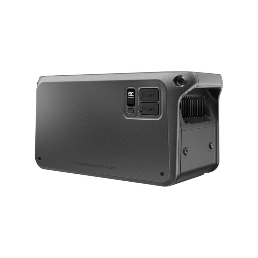DJI Power Expansion Battery 2000 front angle showing the display and dual SDC ports