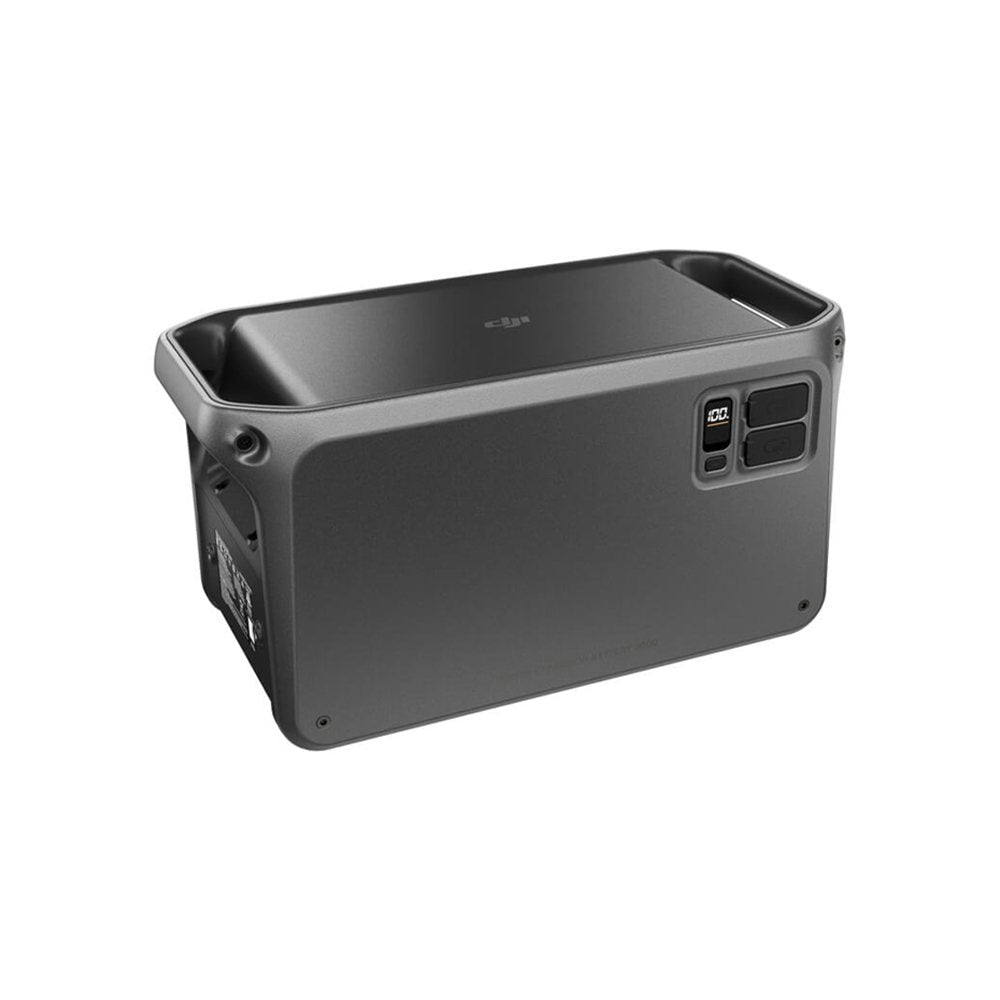 Top-down angled view of the DJI Power Expansion Battery 2000 with the DJI logo and recessed handles