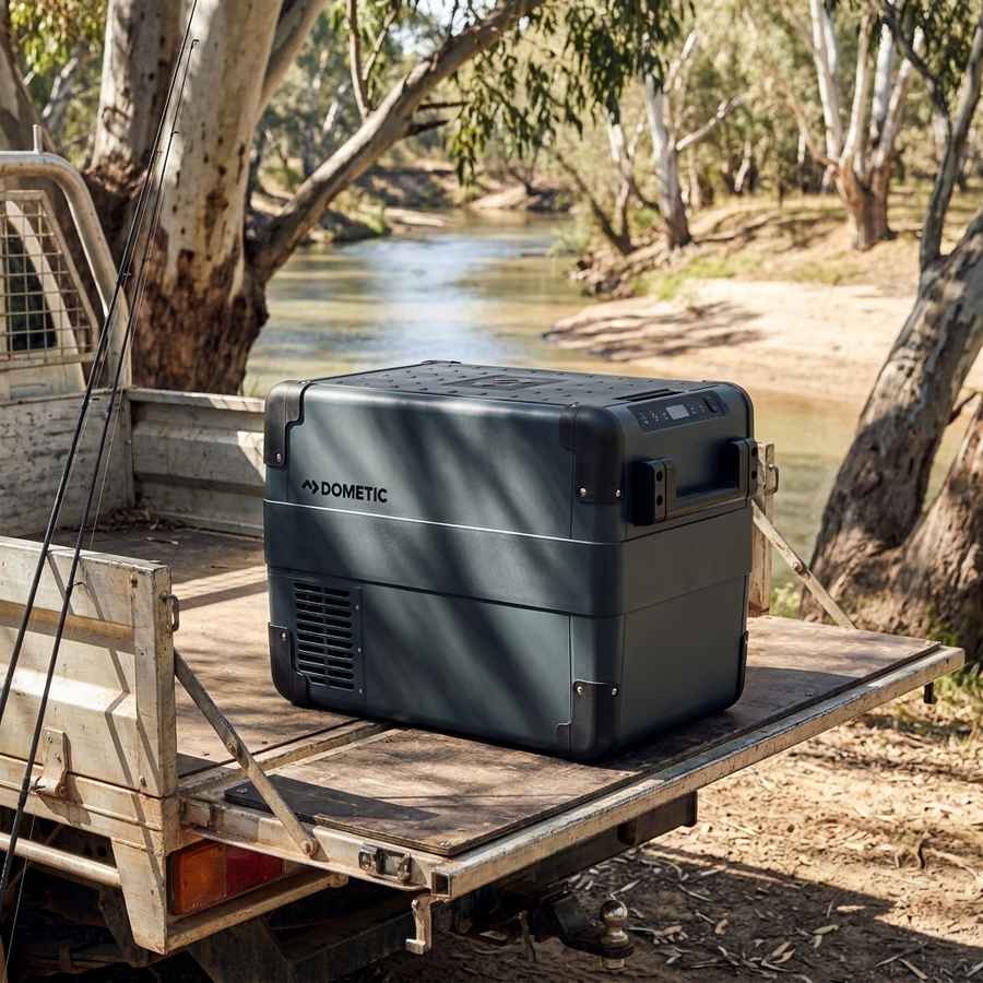 Dometic CFX2 28 portable fridge freezer on the dropped tailgate of a ute at a river fishing spot in dappled shade