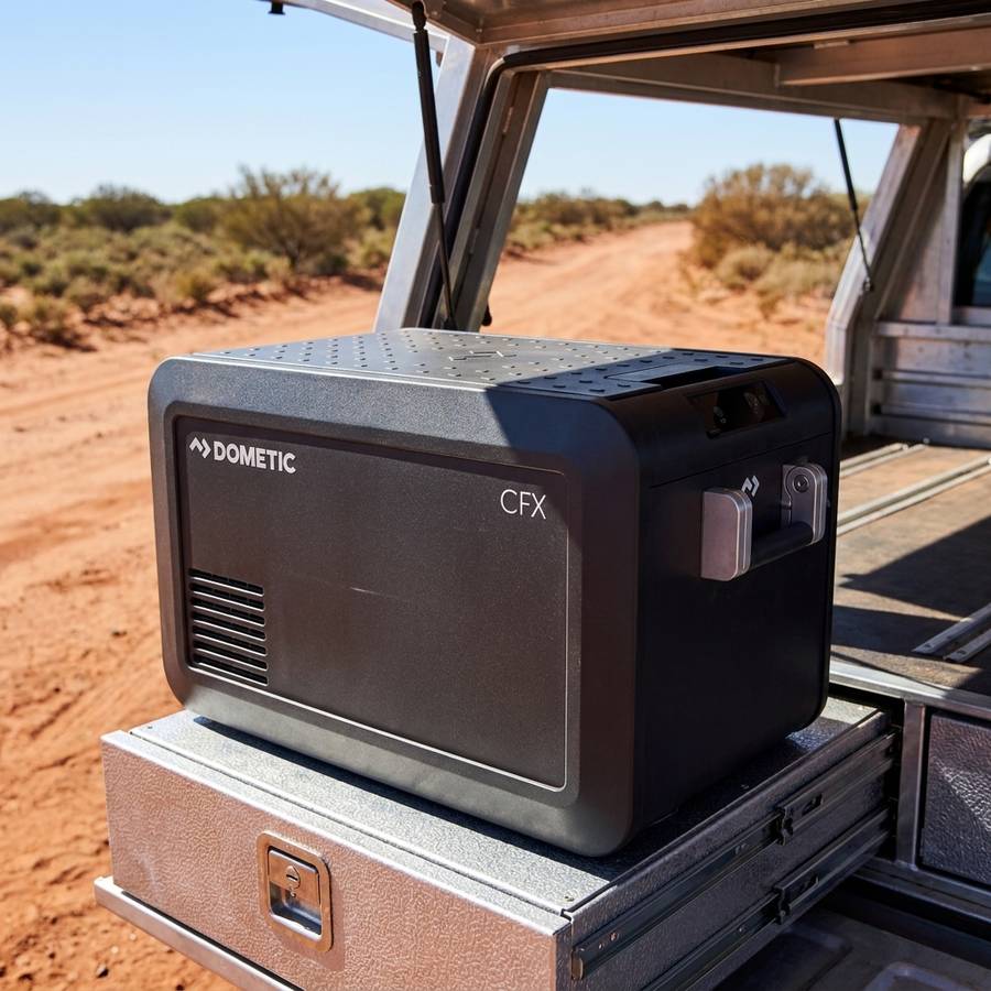 Dometic CFX5 35 portable fridge freezer on an aluminium drawer system in a 4WD canopy with red dirt track behind