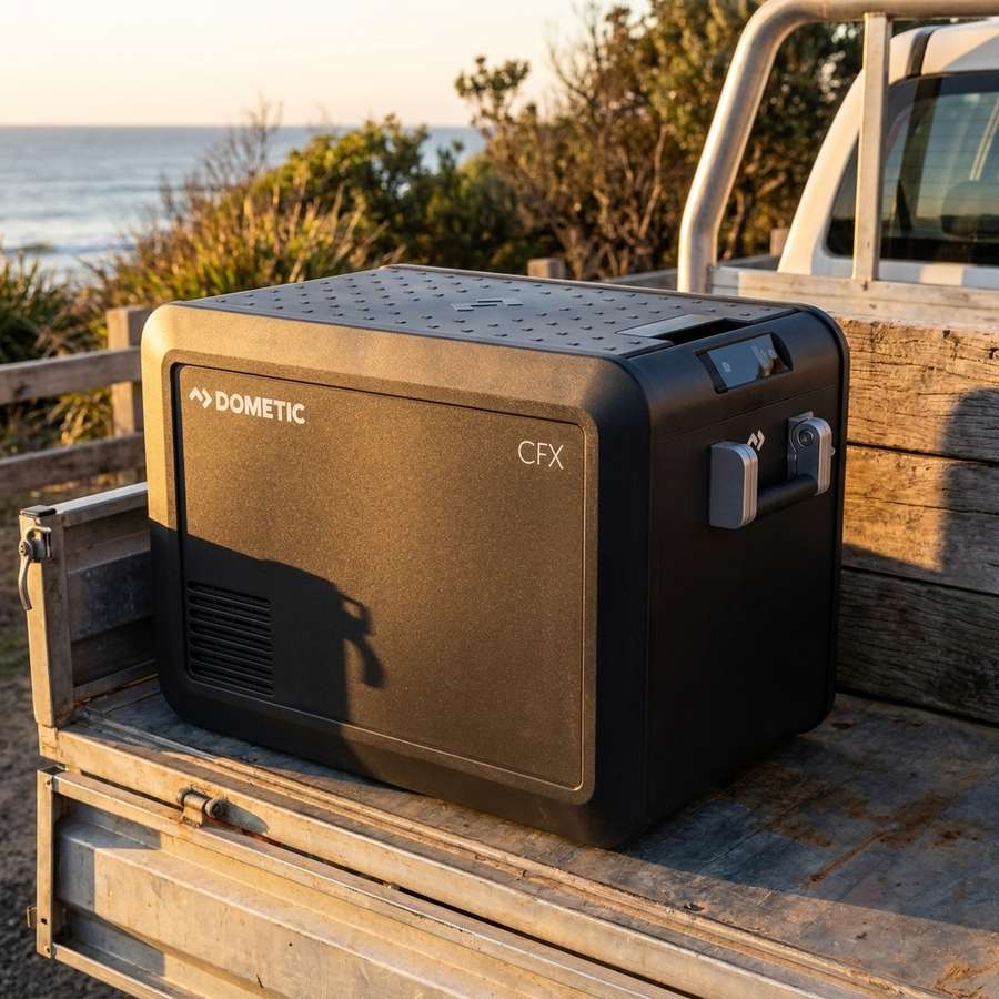 Dometic CFX5 45 portable fridge freezer in the open tray of a dual cab ute at a coastal campsite at golden hour