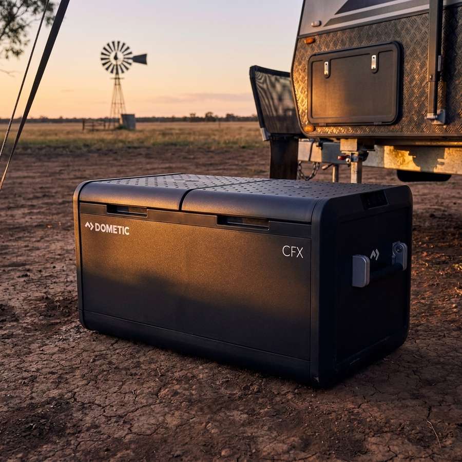 Dometic CFX5 95DZ dual zone portable fridge freezer beside a caravan at an outback station stay at dusk