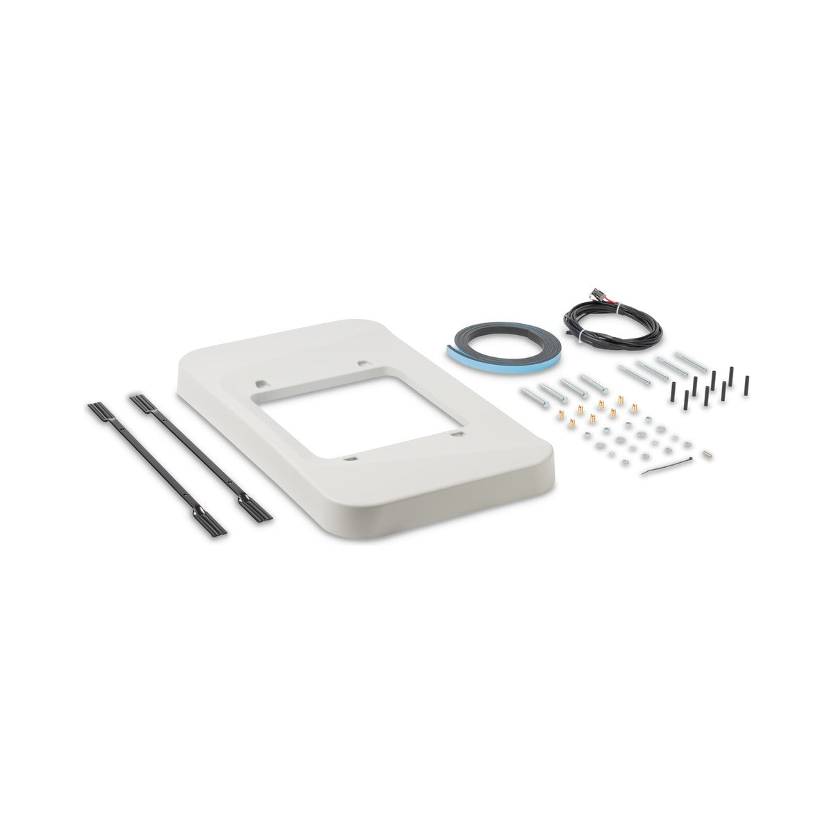 Contents of the Dometic CoolAir RTX universal installation kit 2 including the cover frame, bars, cable and fixings