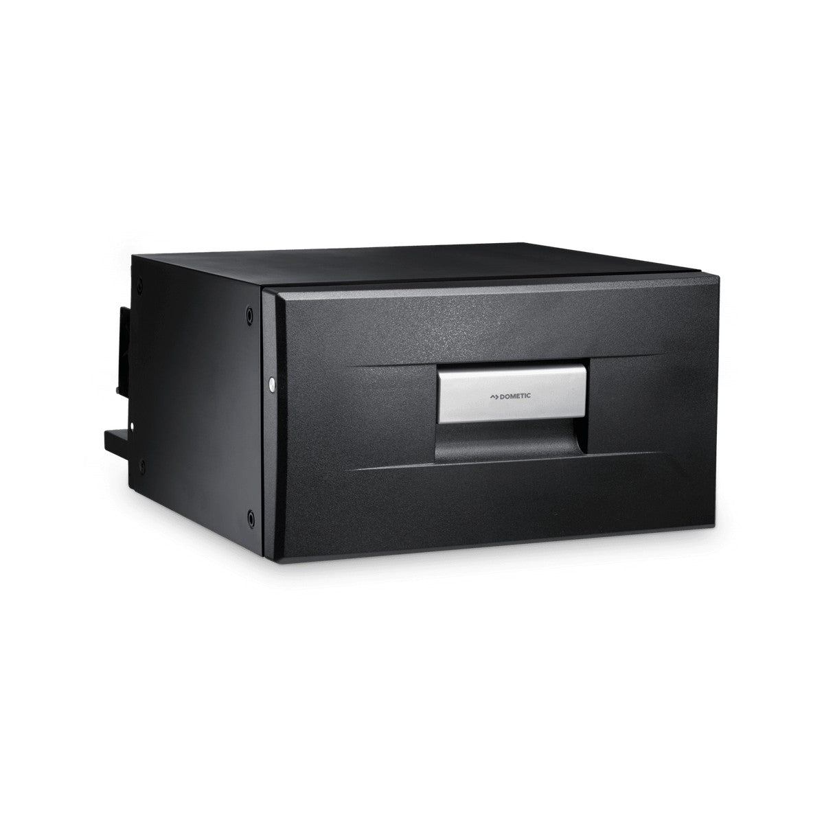 Front three-quarter view of the closed Dometic CoolMatic CD20DC drawer fridge