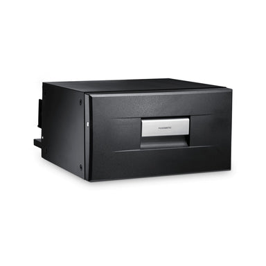 Front three-quarter view of the closed Dometic CoolMatic CD20DC drawer fridge