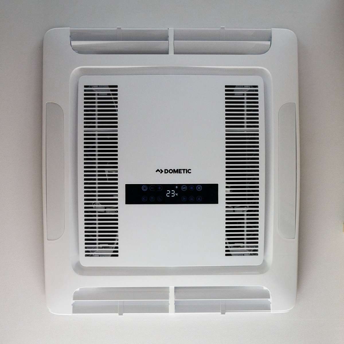 Dometic FreshJet FJZ Electronic ADB fitted flush into an RV ceiling with the touch display showing 23 degrees