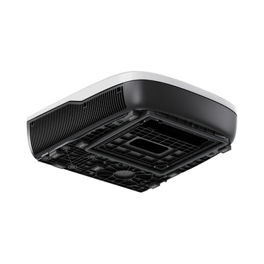 Dometic FreshJet FJZ4 rooftop caravan air conditioner in white, angled to show the shroud and the mounting face underneath
