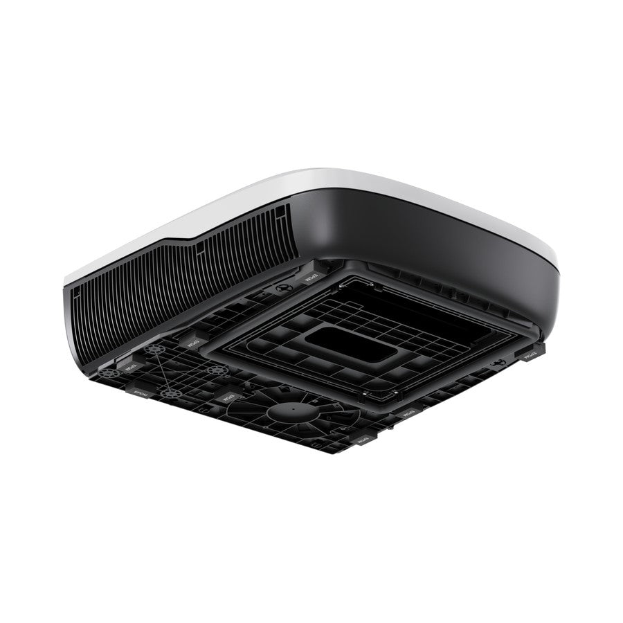 Dometic FreshJet FJZ4 rooftop caravan air conditioner in white, angled to show the shroud and the mounting face underneath