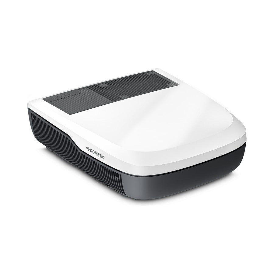 Dometic FreshJet FJZ7 Lite rooftop caravan air conditioner at a three-quarter angle showing its compact white shroud
