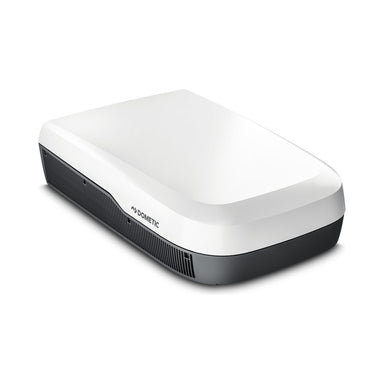 Dometic FreshJet FJZ7 Plus rooftop caravan air conditioner at a three-quarter angle showing the white aerodynamic shroud and dark base