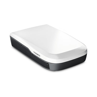 Dometic FreshJet FJZ7 Pro rooftop caravan air conditioner at a three-quarter angle showing the white shroud and dark base