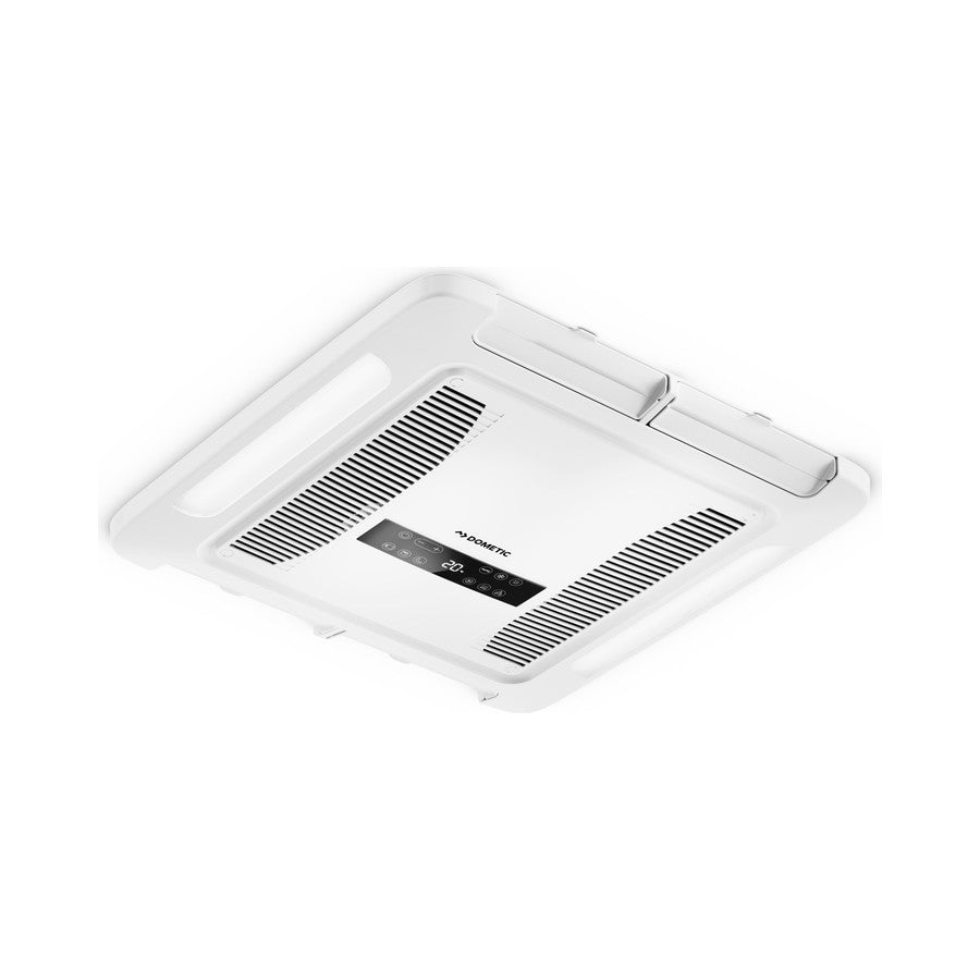 Dometic FreshJet Mini ADB air distribution box at a three-quarter angle showing the white ceiling panel and outlet vents