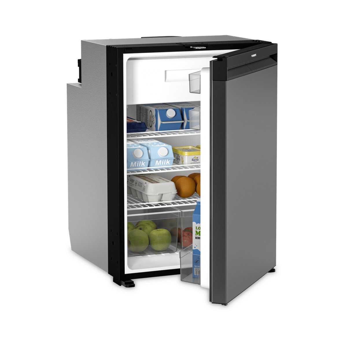 Door open on the Dometic NRX 115C showing stocked shelves, a door rack and two crispers