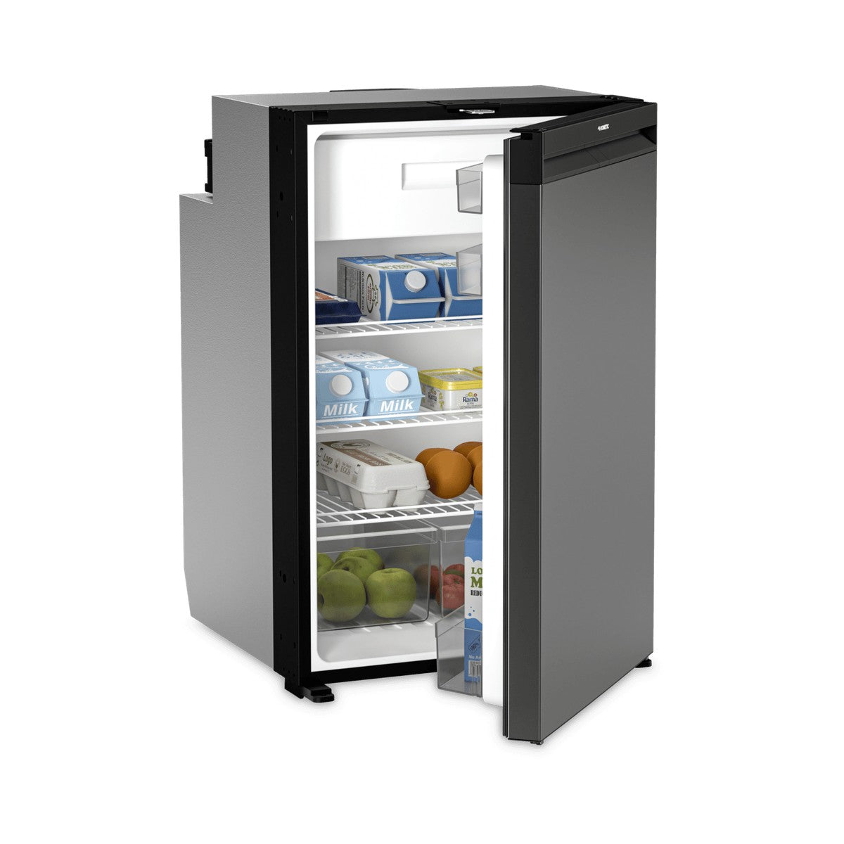 Door open on the Dometic NRX 130C showing stocked shelves, a door rack and two crispers