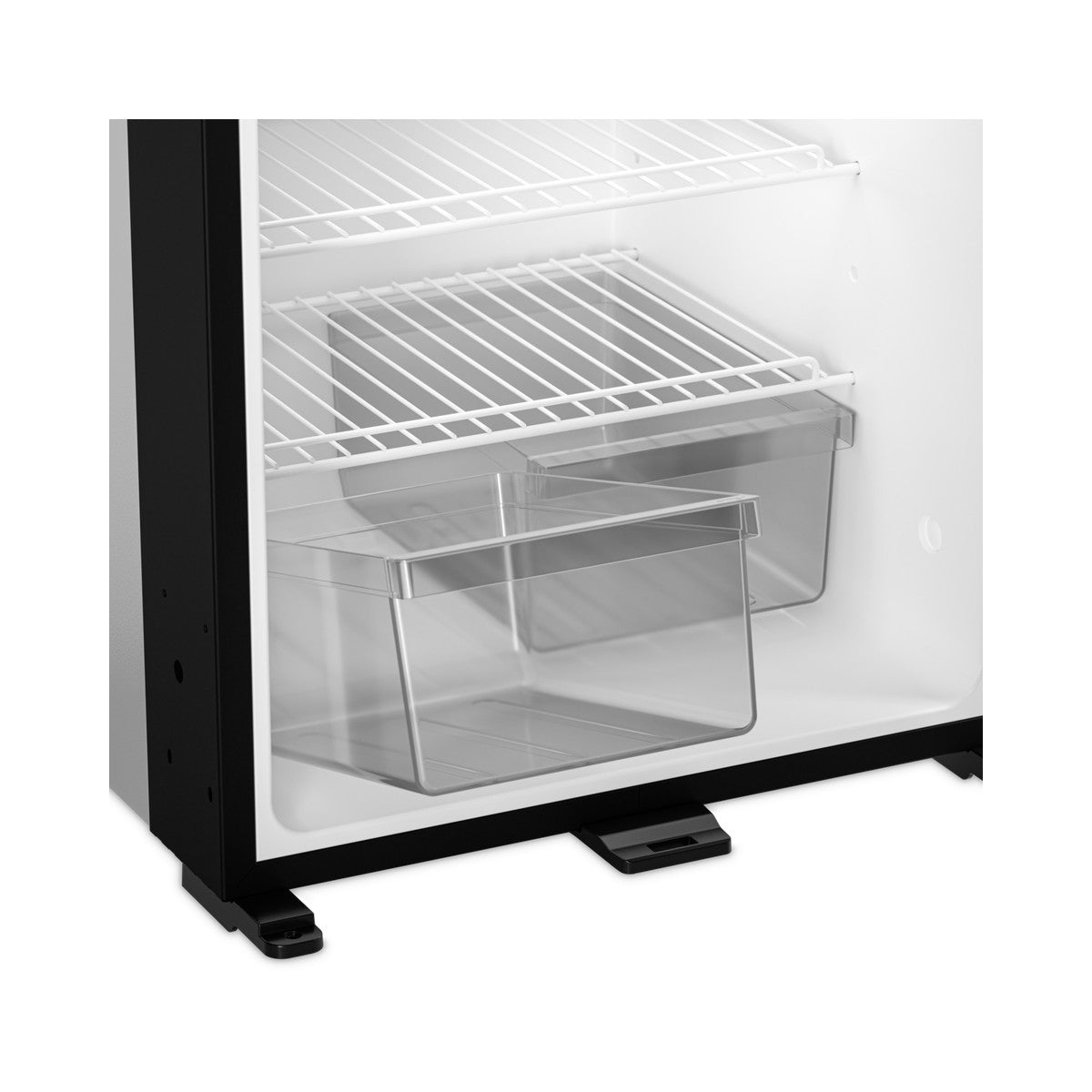 Two clear crispers and a wire shelf inside a Dometic NRX fridge