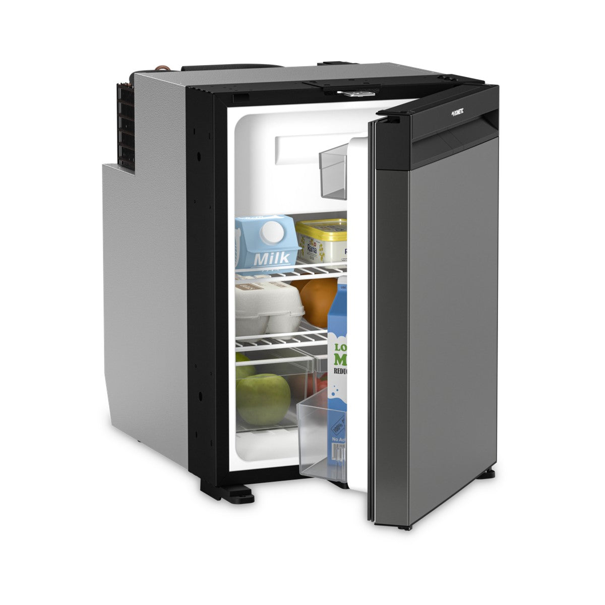Door open on the Dometic NRX 50C showing stocked shelves, a door rack and two crispers