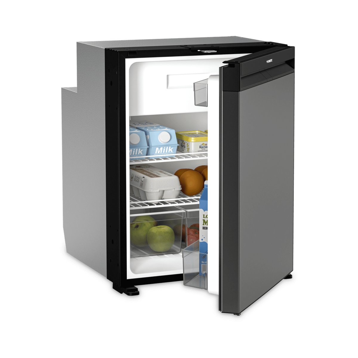 Door open on the Dometic NRX 80C showing stocked shelves, a door rack and two crispers