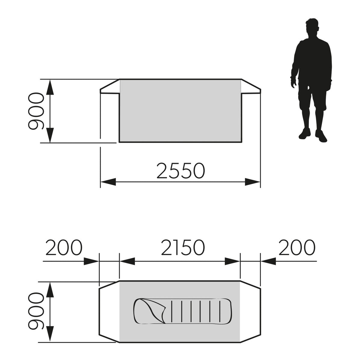 Dimension drawing of the Dometic Pico FTC 1x1 TC-I showing 2550mm length, 900mm width and 900mm height