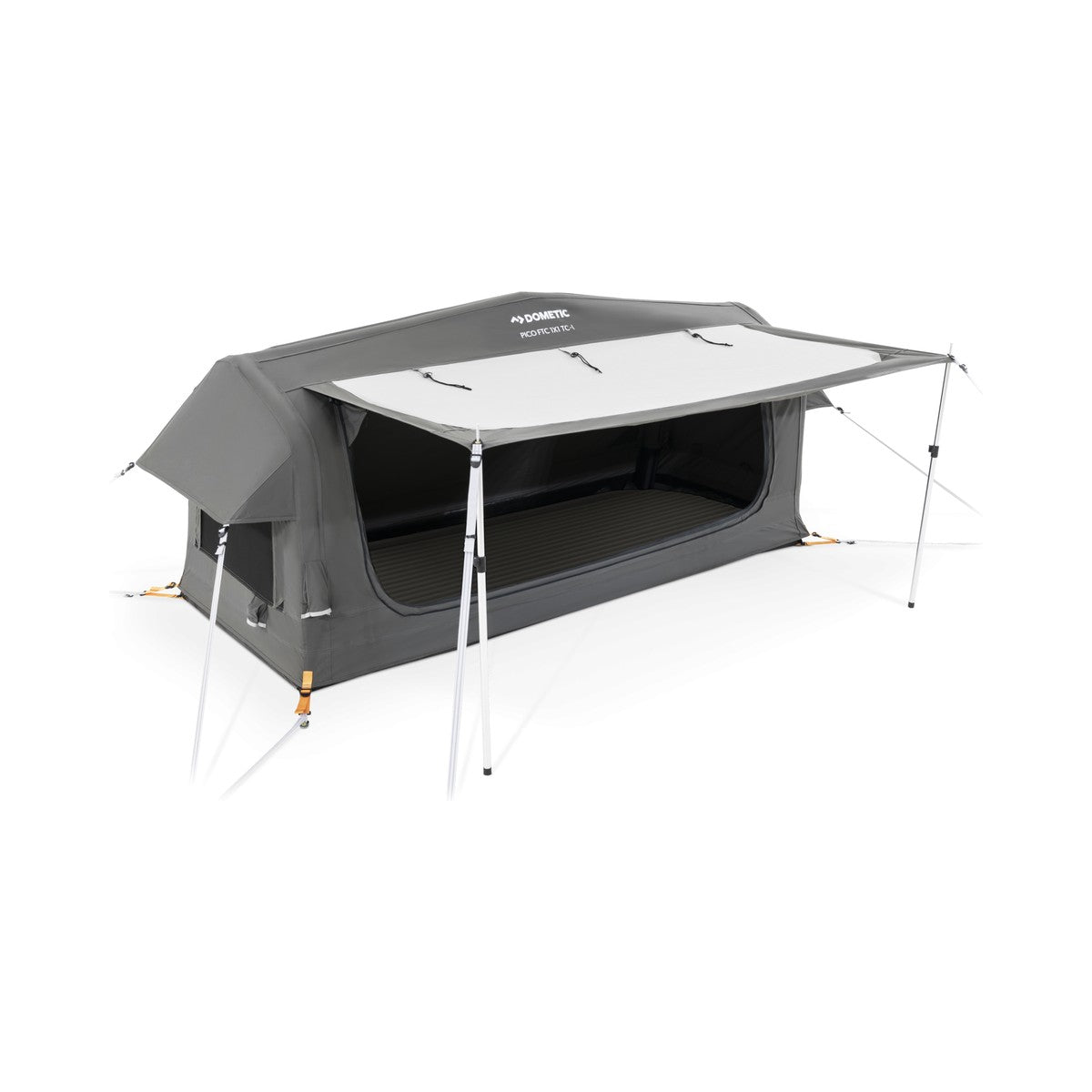 Front three-quarter view of the Dometic Pico FTC 1x1 TC-I with the awning propped on two alloy poles and the door open