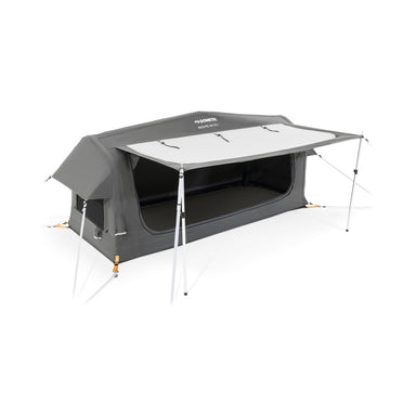Front three-quarter view of the Dometic Pico FTC 1x1 TC-I with the awning propped on two alloy poles and the door open