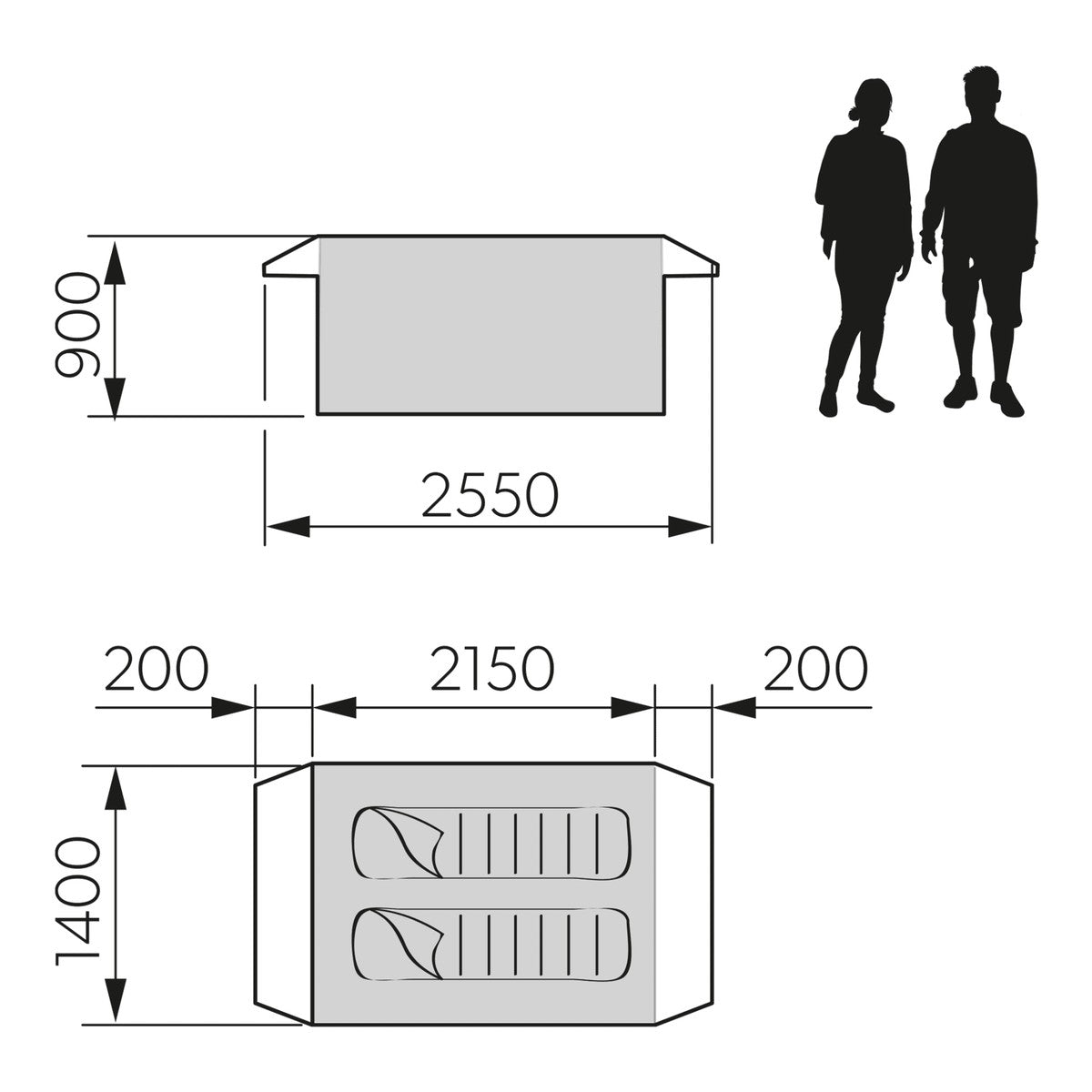 Dimension drawing of the Dometic Pico FTC 2x2 TC-I showing 2550mm length, 1400mm width and 900mm height