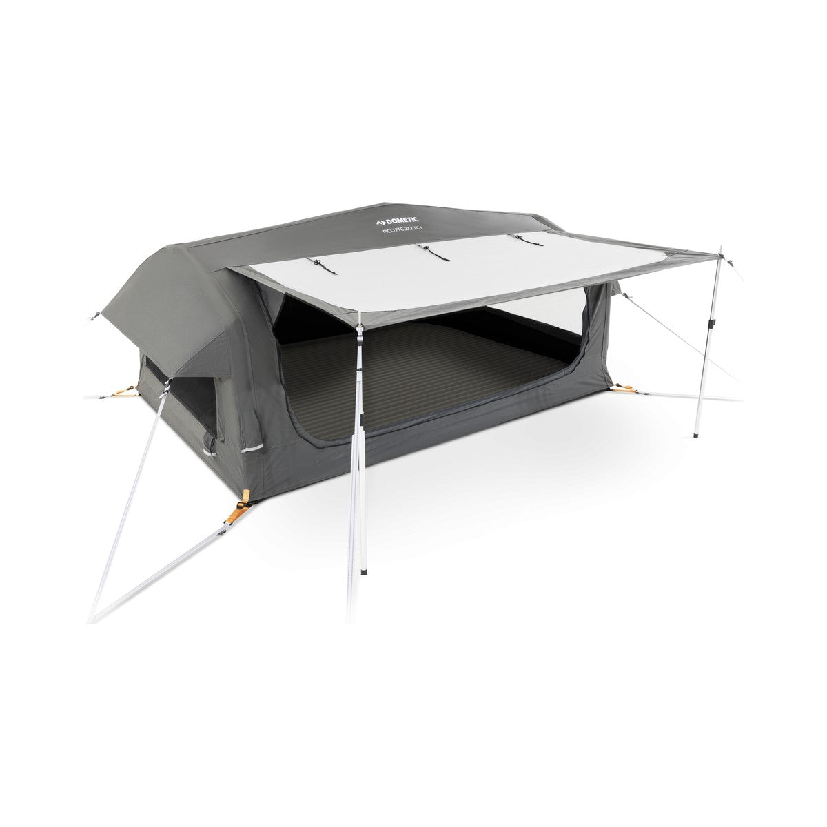 Front three-quarter view of the Dometic Pico FTC 2x2 TC-I with the awning propped on two alloy poles and the door open