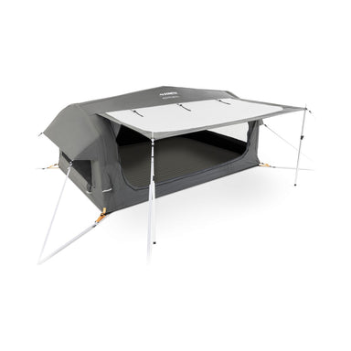 Front three-quarter view of the Dometic Pico FTC 2x2 TC-I with the awning propped on two alloy poles and the door open