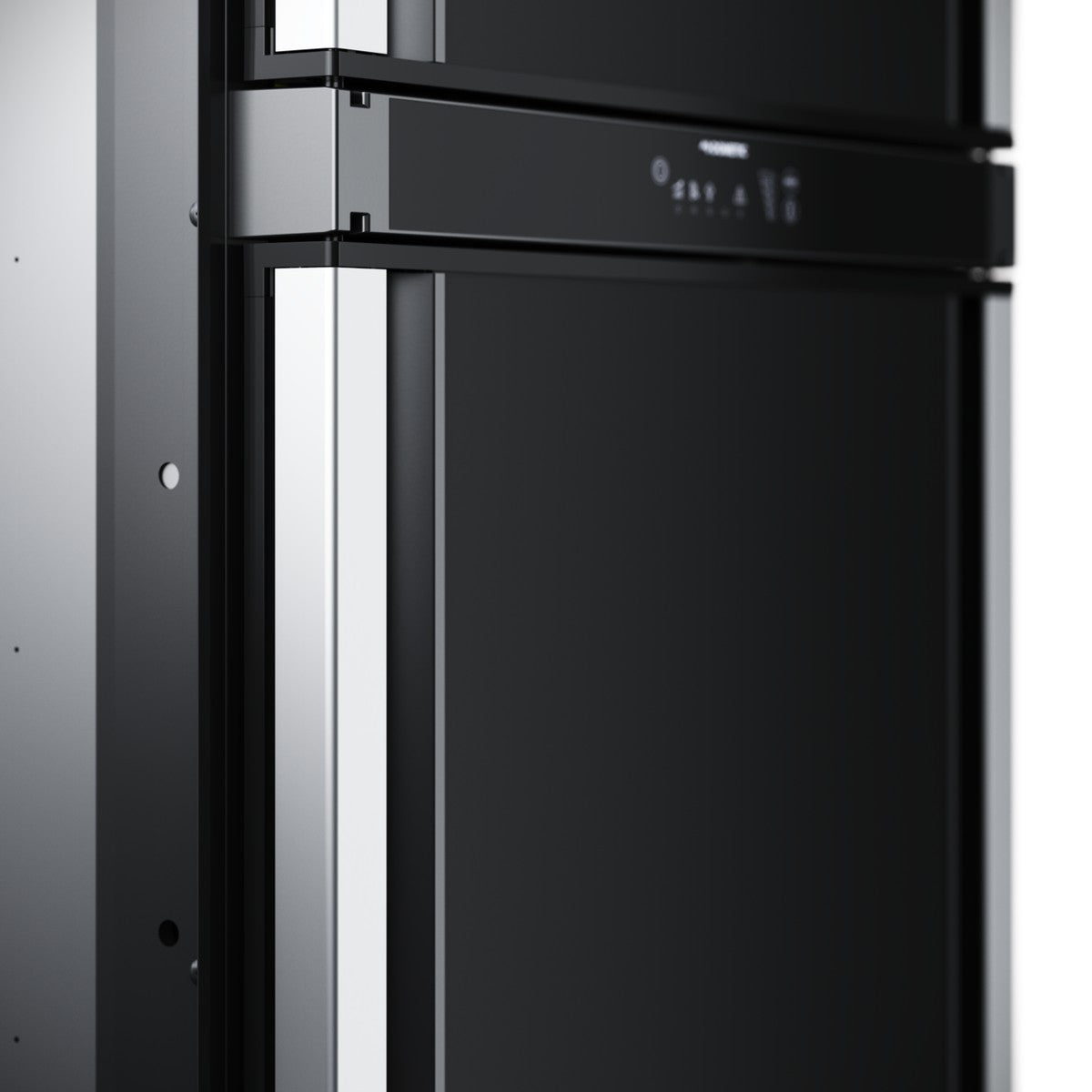 Close-up of the full-height aluminium door handles on the Dometic RCD10.5XES
