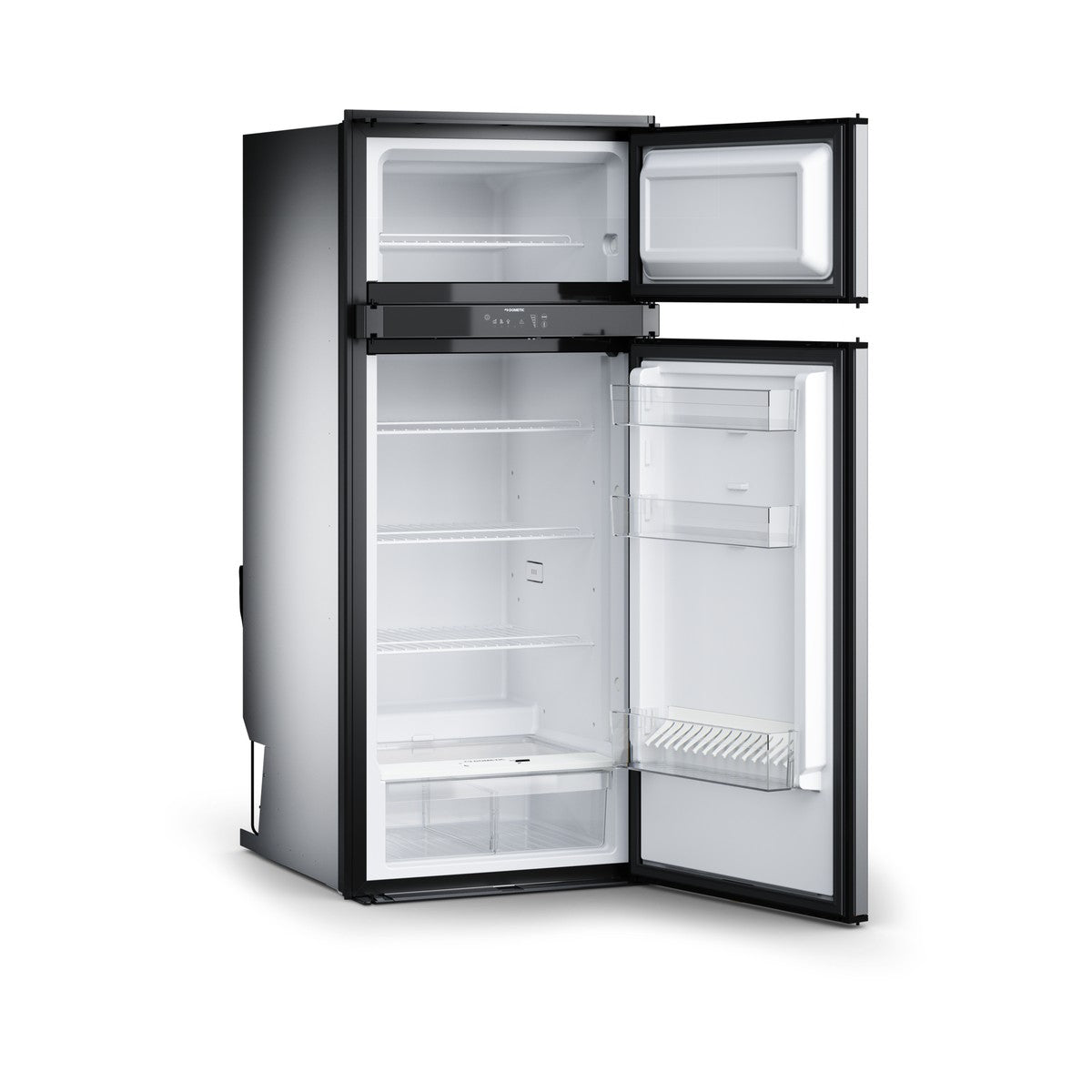 Dometic RCD10.5XES with both doors open showing the empty freezer and fridge shelves