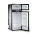 Dometic RCD10.5XES with both doors open showing the empty freezer and fridge shelves