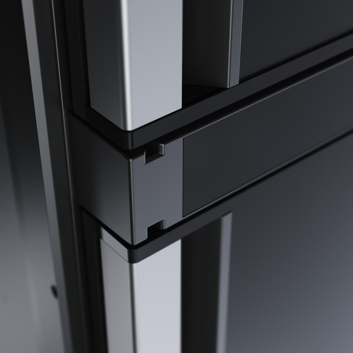 Close-up of the dual-hinge mechanism that lets both Dometic RCD10.5XES doors open left and right