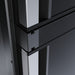 Close-up of the dual-hinge mechanism that lets both Dometic RCD10.5XES doors open left and right