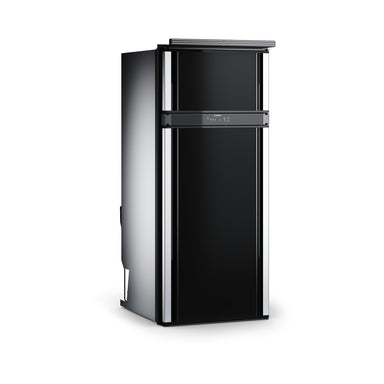 Front three-quarter view of the closed Dometic RCD10.5XES upright caravan fridge in black
