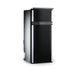 Front three-quarter view of the closed Dometic RCD10.5XES upright caravan fridge in black