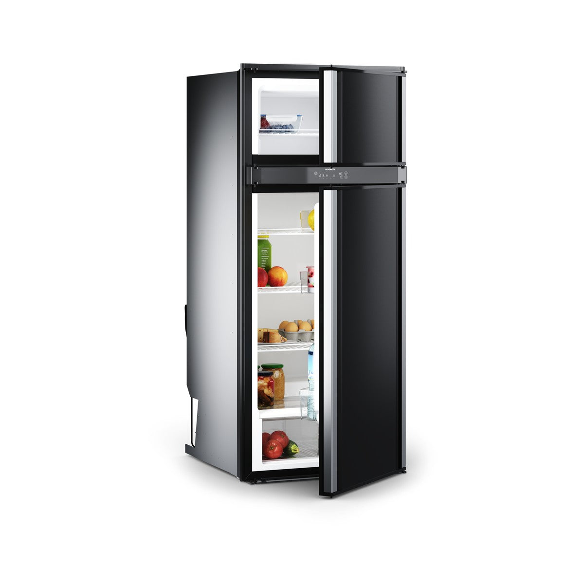 Dometic RCD10.5XES upright caravan fridge with the freezer and fridge doors open, showing shelves and door racks