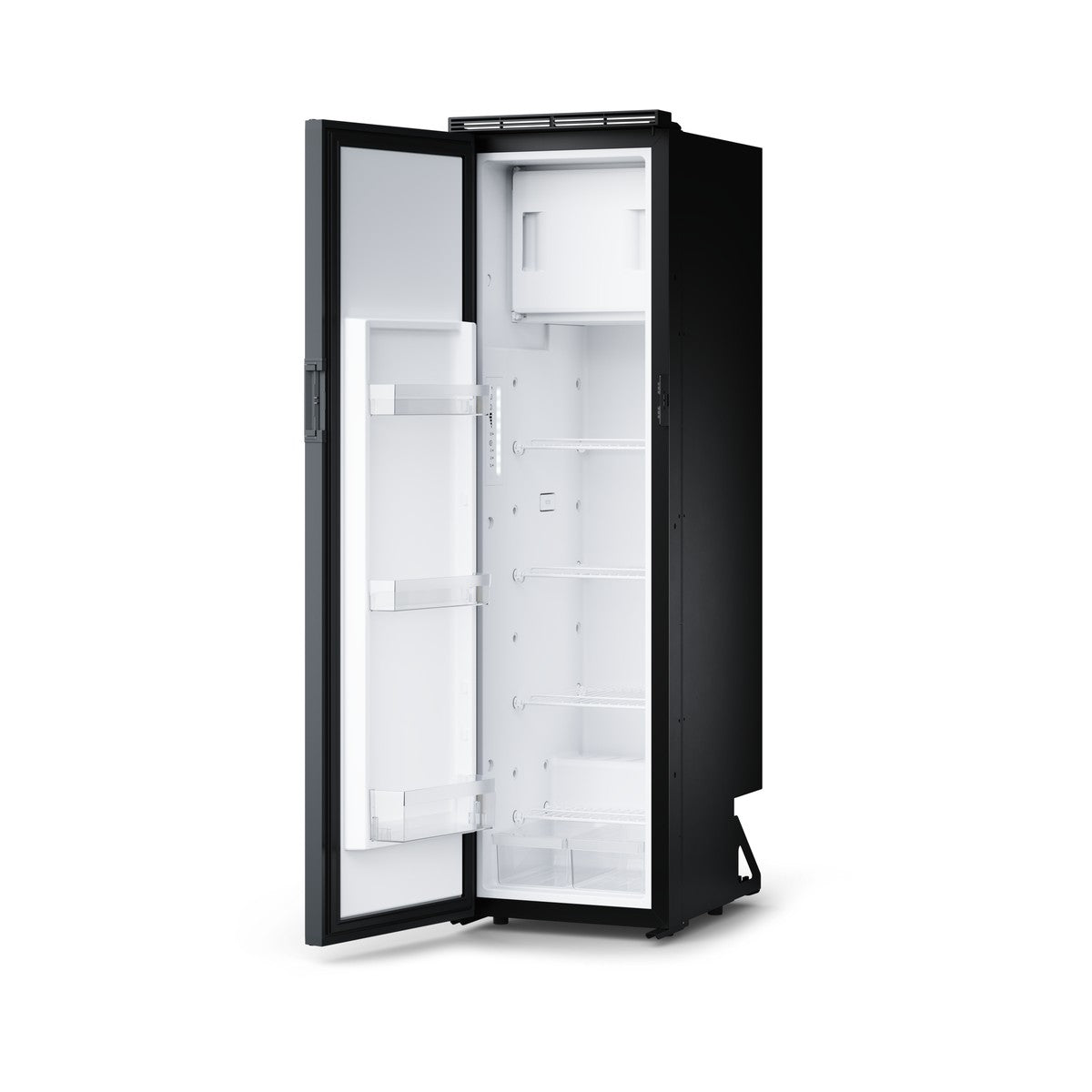 Dometic RCT10.4G left hand hinge door open showing empty shelves and the removable freezer box