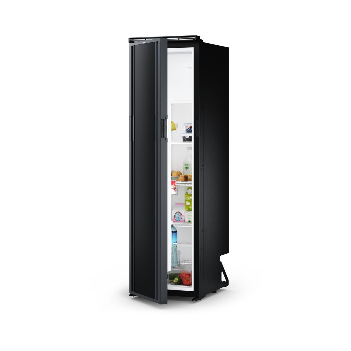 Dometic RCT10.4G slim caravan fridge with the left hand hinge door open and shelves stocked with food