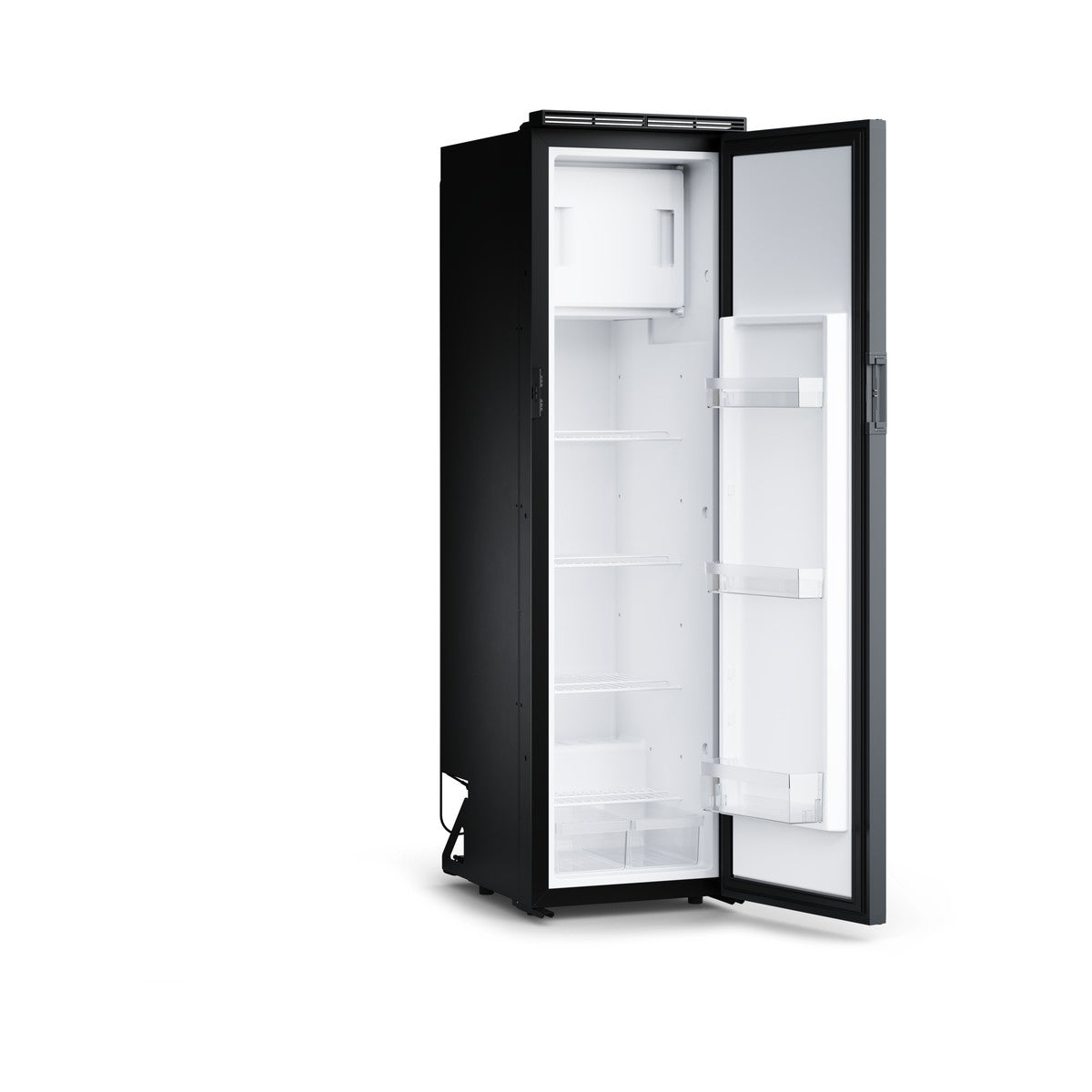 Dometic RCT10.4G right hand hinge door open showing empty shelves and the removable freezer box