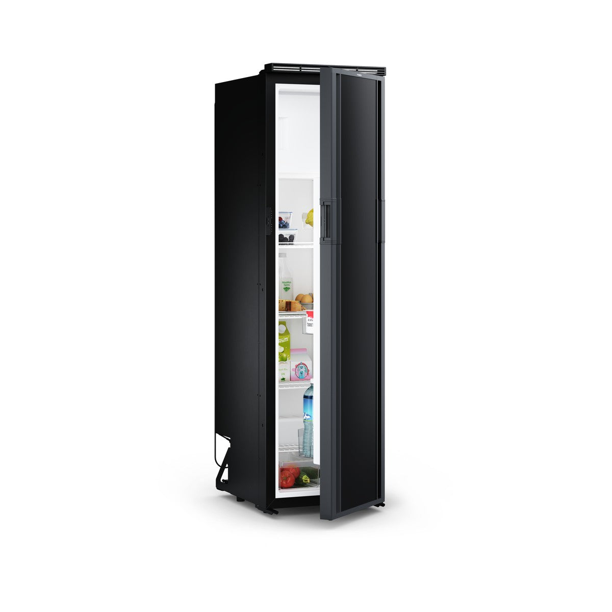 Dometic RCT10.4G slim caravan fridge with the right hand hinge door open and shelves stocked with food