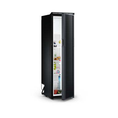 Dometic RCT10.4G slim caravan fridge with the right hand hinge door open and shelves stocked with food
