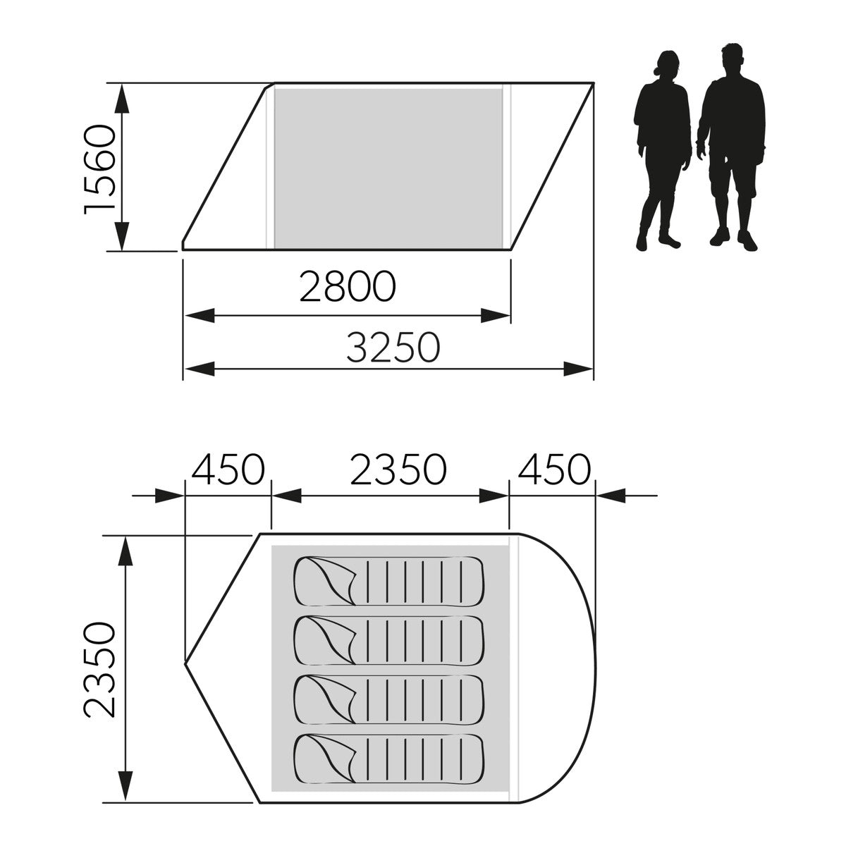 Dimension drawing of the Dometic Reunion FTG 4x4 Redux showing 3250mm depth, 2350mm width and 1560mm height