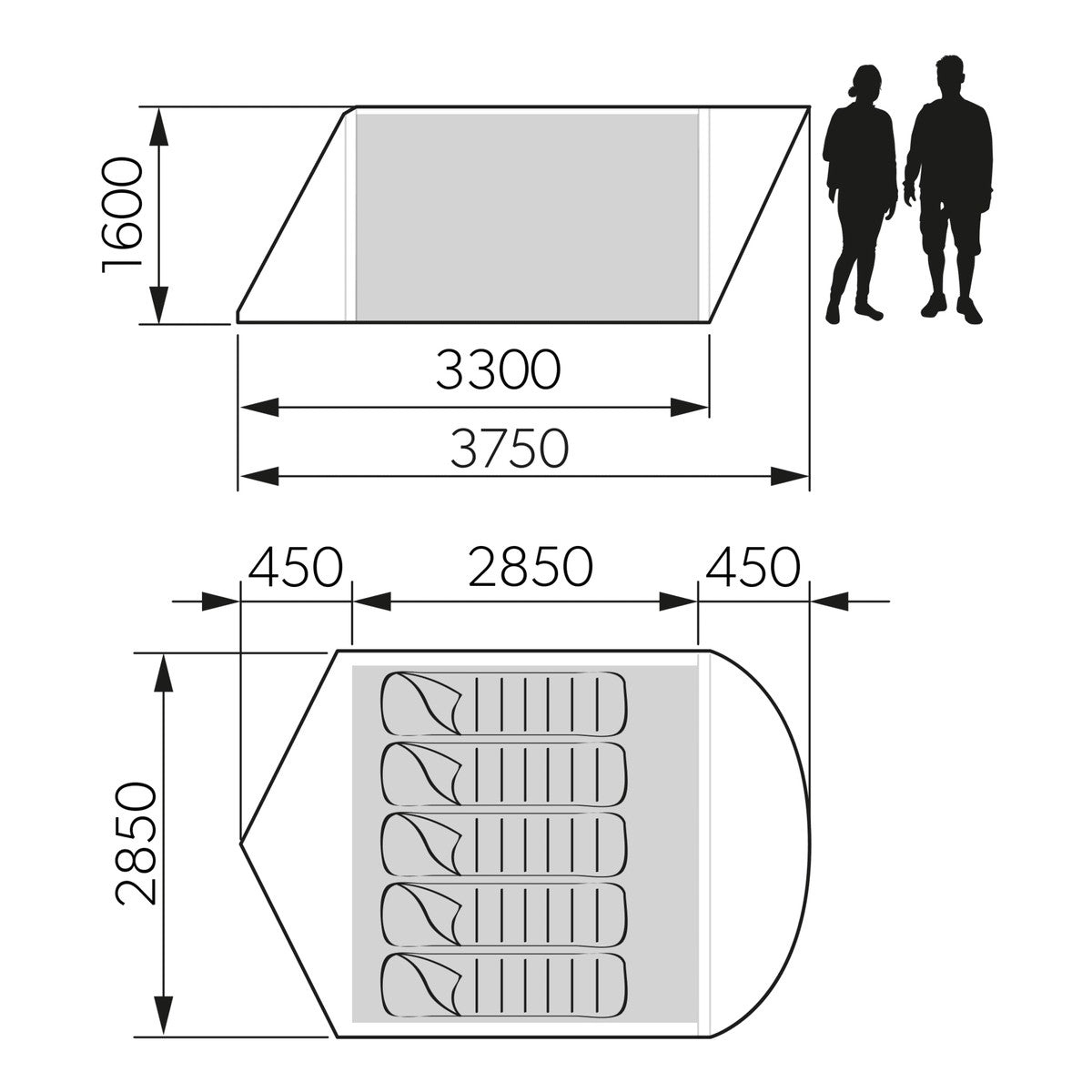 Dimension drawing of the Dometic Reunion FTG 5x5 Redux showing 3750mm depth, 2850mm width and 1600mm height