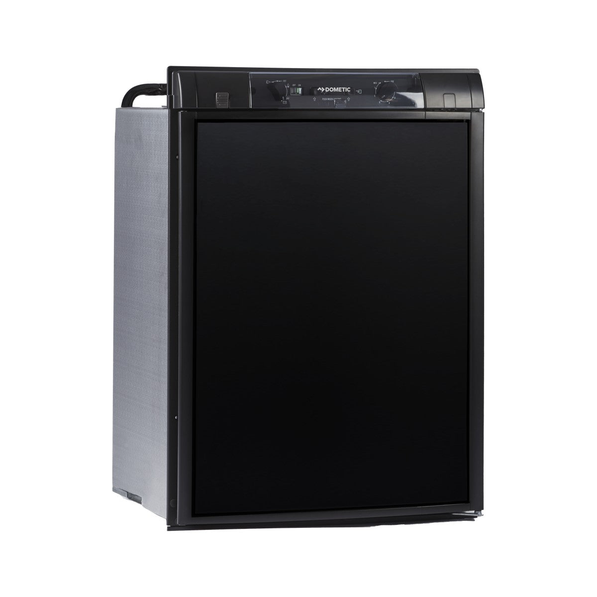Dometic RM 2350 closed from the front three-quarter angle showing the black door and top control panel