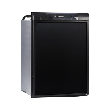 Dometic RM 2350 closed from the front three-quarter angle showing the black door and top control panel