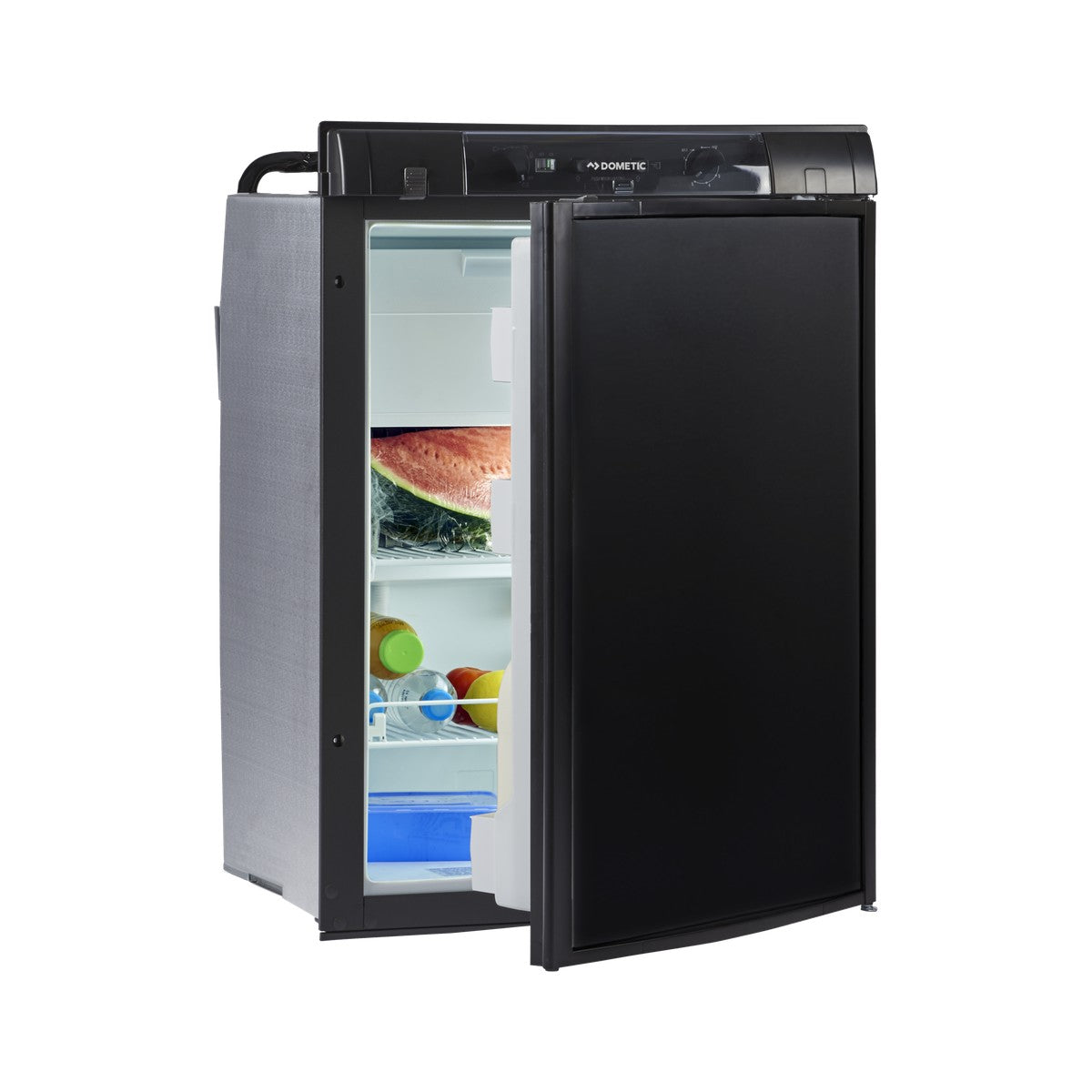 Dometic RM 2350 single-door caravan fridge with the door open, food on the shelves and the freezer box up top