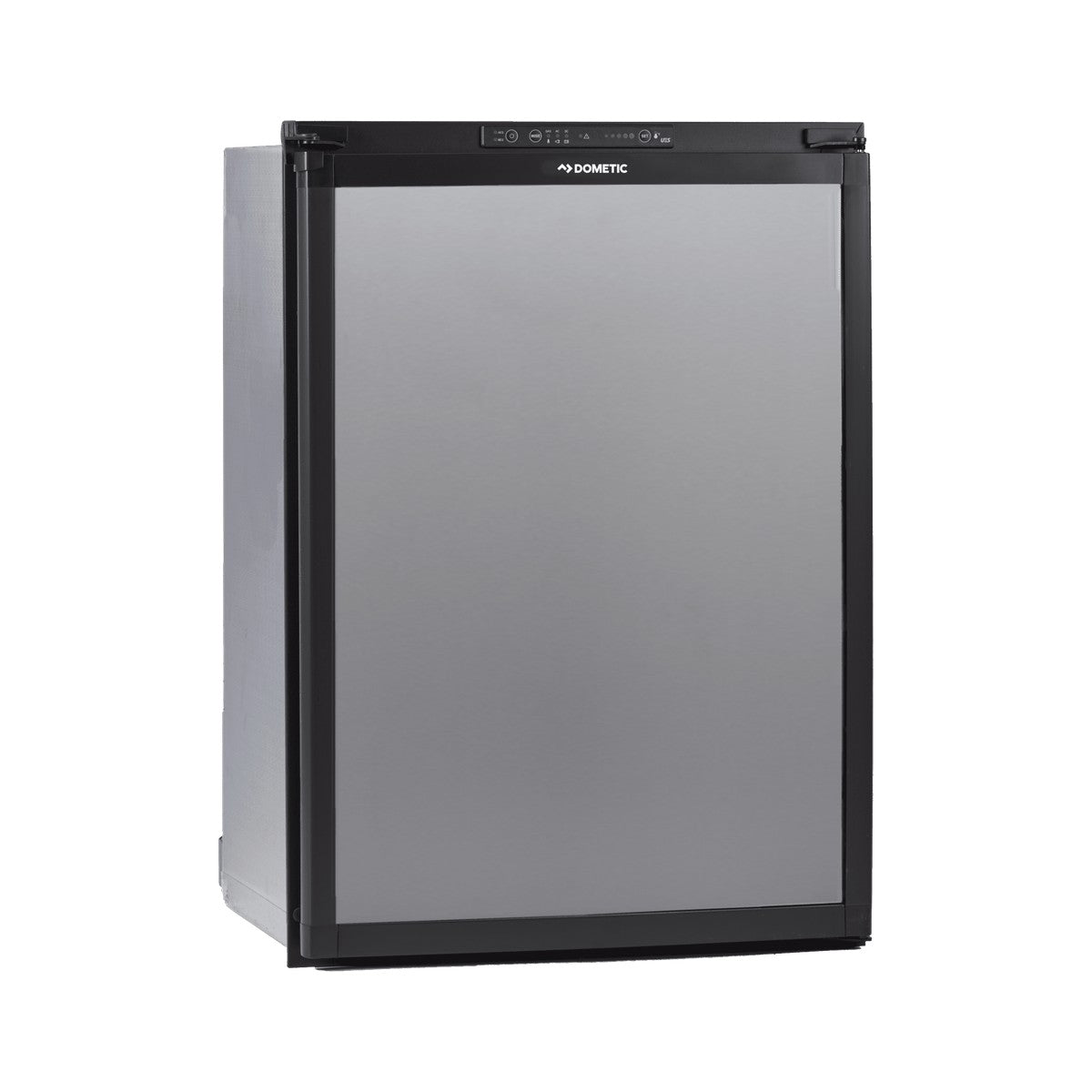 Dometic RM 2356 closed from the front three-quarter angle showing the flat door face and top control strip
