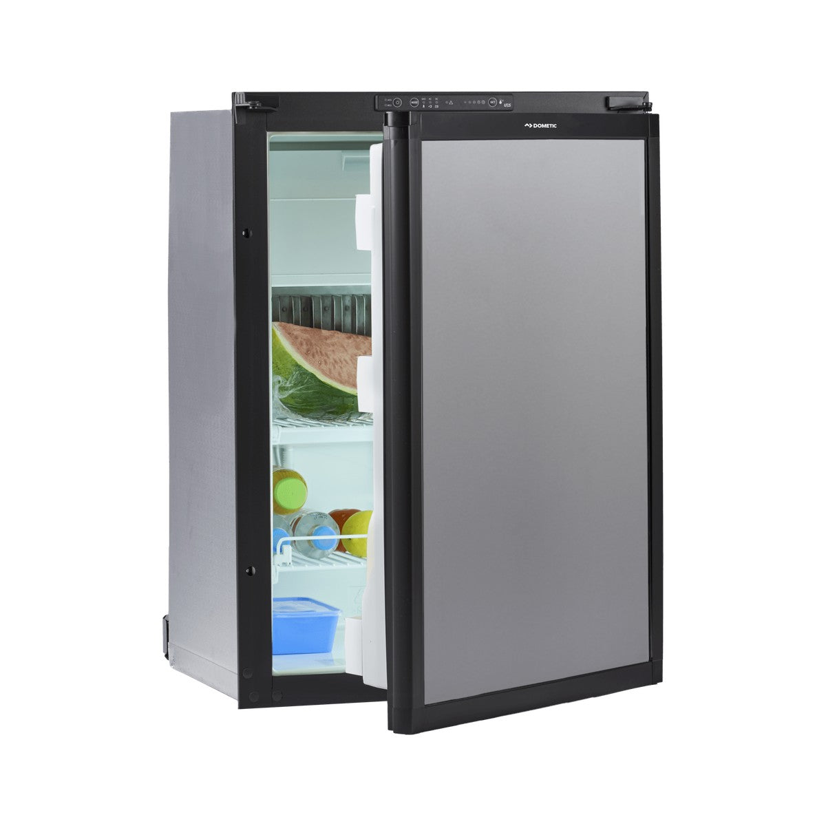 Dometic RM 2356 single-door caravan fridge with the door open, food on the shelves and the internal freezer box