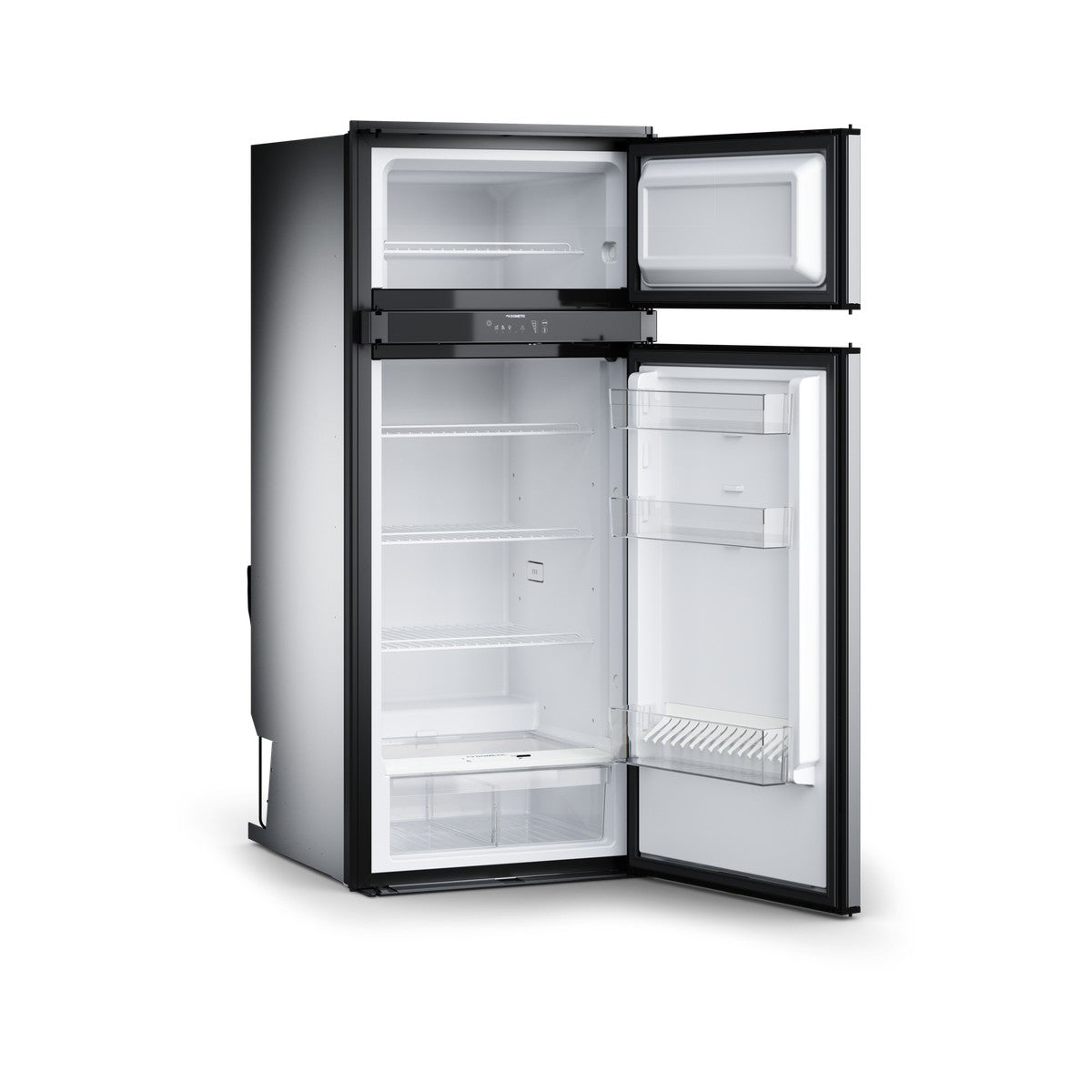 Dometic RMD10.5XS with both doors open on an empty interior showing the shelves and freezer compartment