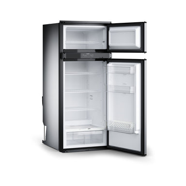 Dometic RMD10.5XS with both doors open on an empty interior showing the shelves and freezer compartment