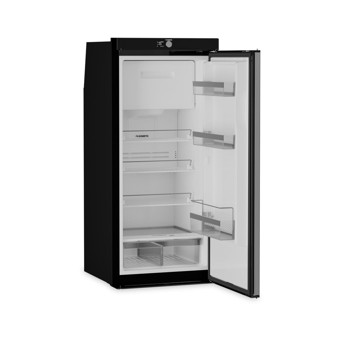Dometic RUA 5308X with the door open on an empty interior and the internal freezer box, showing the black door handle
